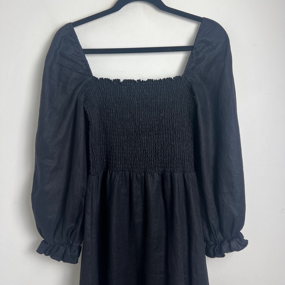 Reformation Small Black Gitane 100% Linen Long Puff Sleeve Smocked Midi Dress - Picture 5 of 14